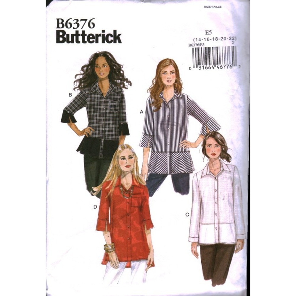 Butterick B6376 Sewing Pattern Misses Loose Fitting Shirt Size E5 14-22 UNCUT